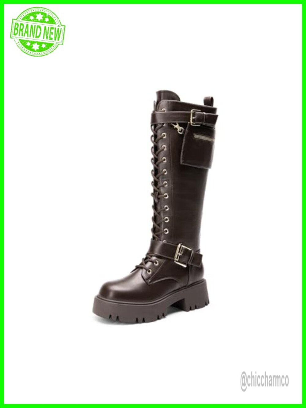 Knee High Combat Boots Platform Faux Leather Lace Up Lug Sole